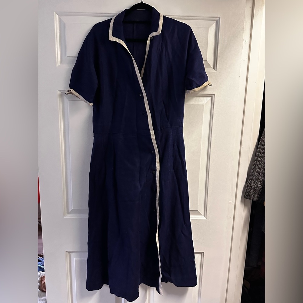 Vintage Navy Blue Dress with White Trim